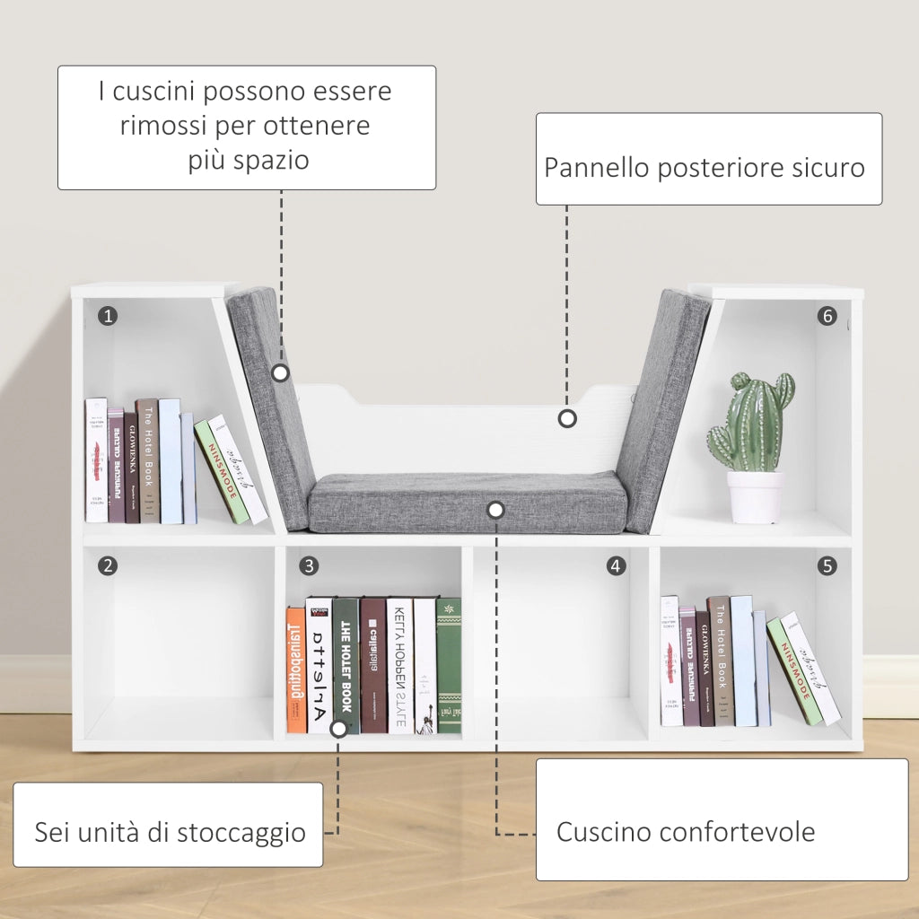 Libreria 6 Scomparti con Cuscini ¨C Xylo ¨C Legno Bianco 102x30x61 cm