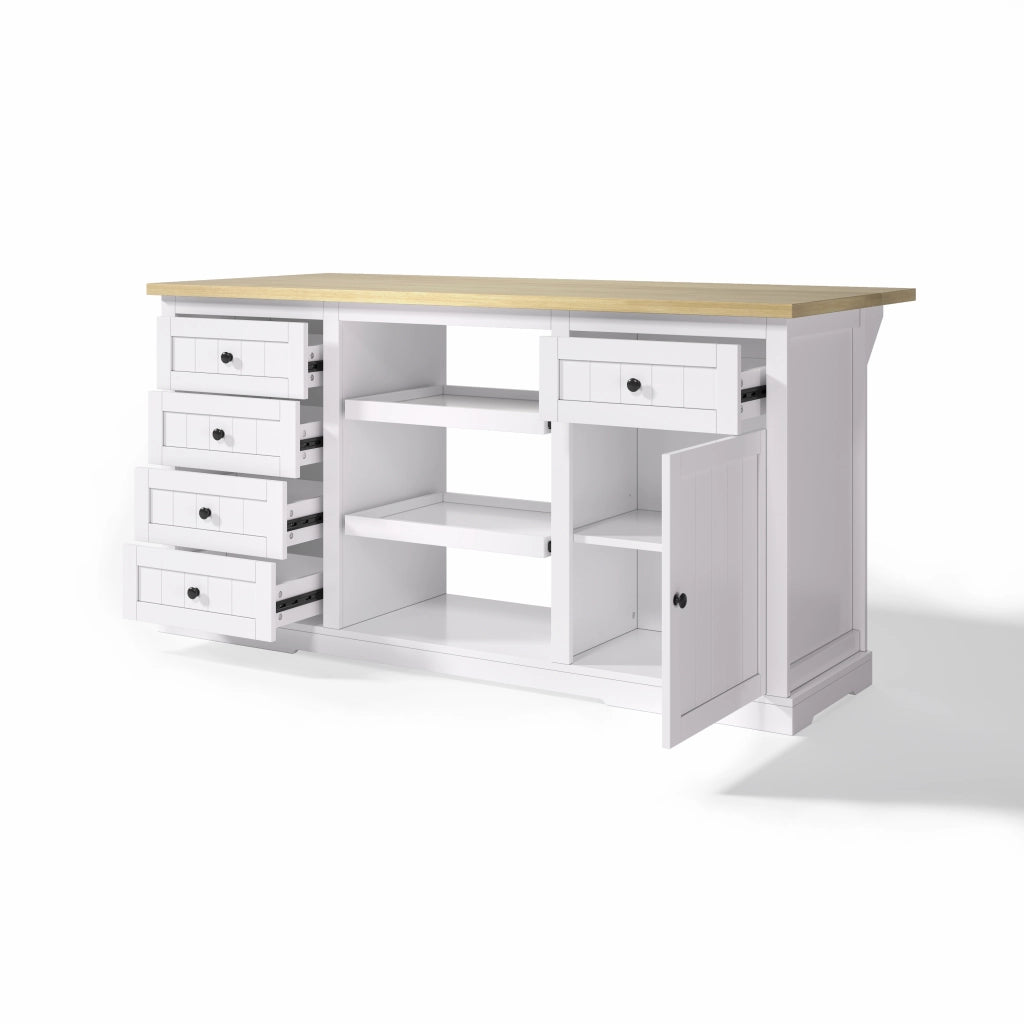 Credenza multifunzione con piano ribaltabile, 5 cassetti, 2 ripiani estraibili e prese integrate, 150×65×75,5 cm