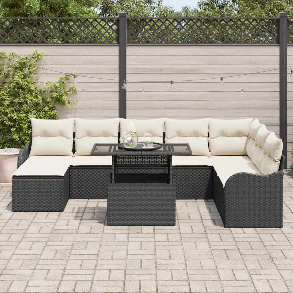 Set Divano da Giardino con cuscino 9 pcs Nero Poly Rattan 3348513