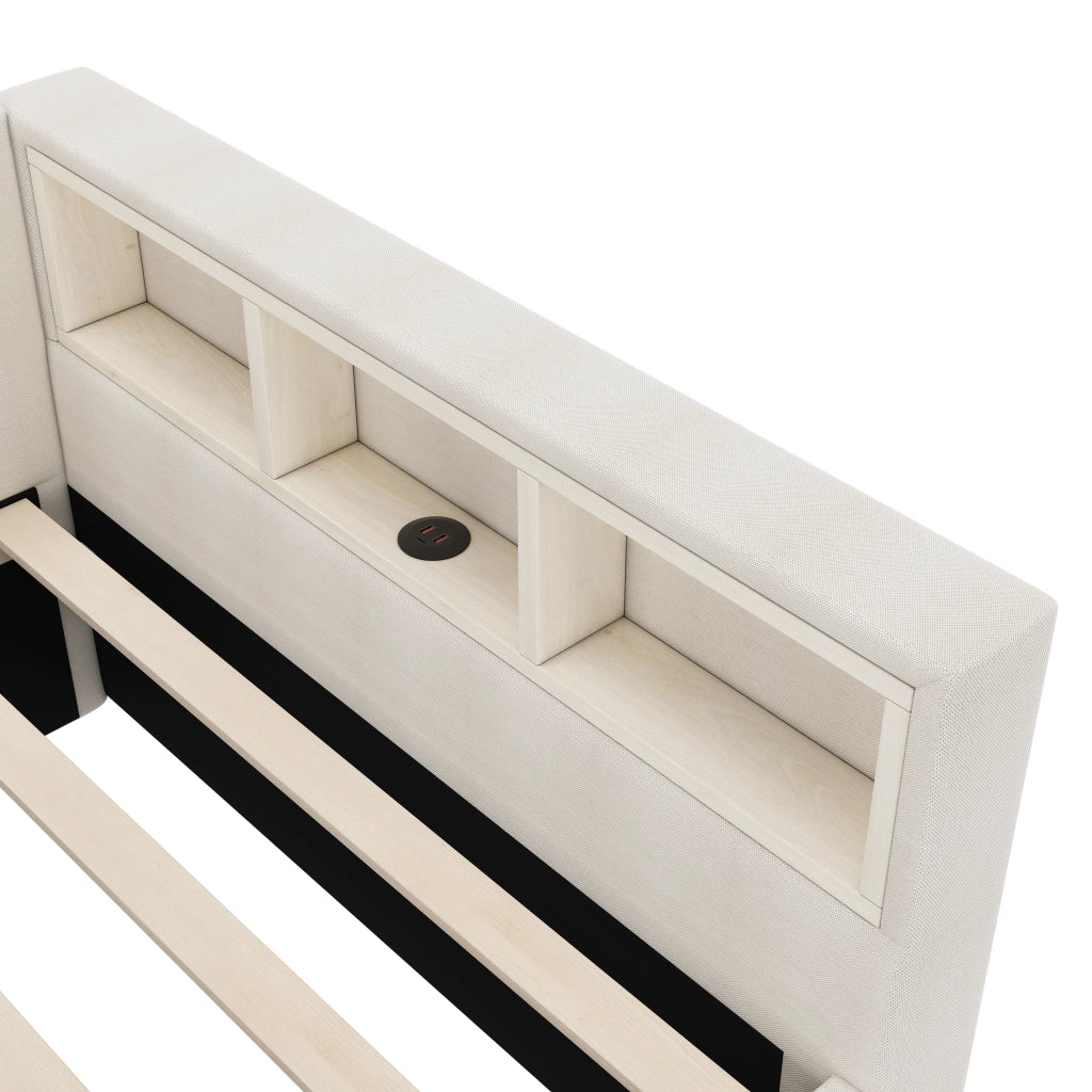 Letto Divano con Cassetti, LED e USB ¨C MINIMAL ¨C Tessuto Beige 140x200