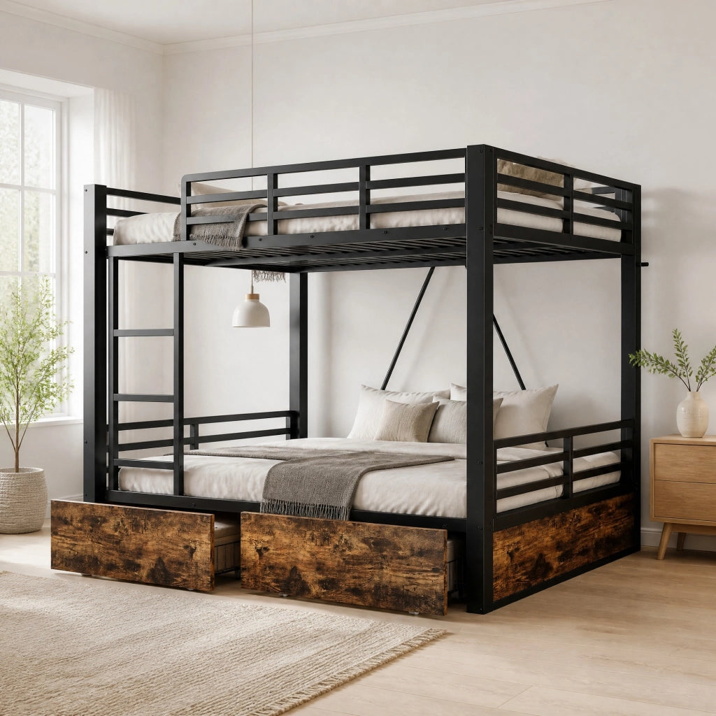LETTO a castello 140x200 cm Nero in metallo e legno con cassetti