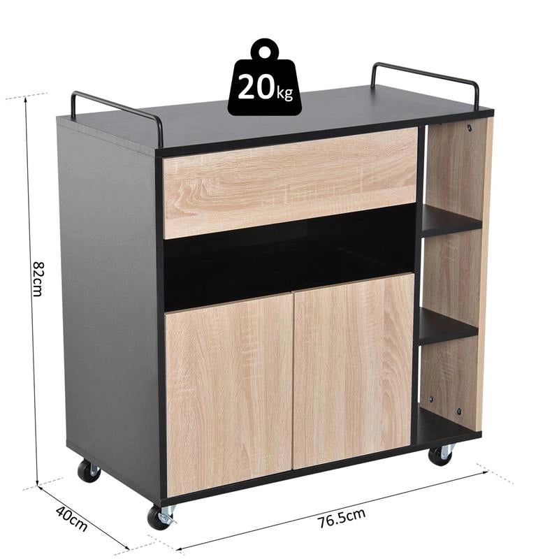 MOBILETTO DA CUCINA CON CASSETTI E RUOTE 76.5X40X82 CM IN LEGNO ROVERE E NERO