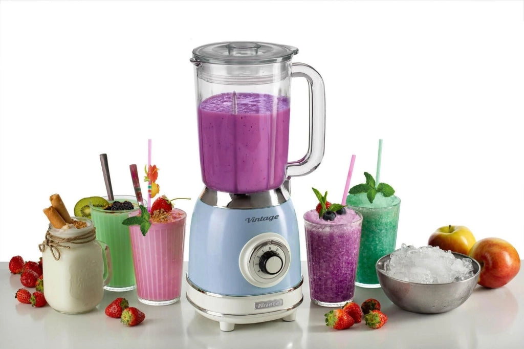 Ariete 583, Frullatore Vintage con tazza in vetro da 1,5 Litri, 4 Lame in Acciaio Inox, 4 Velocità + Pulse,1000 Watt, Celeste