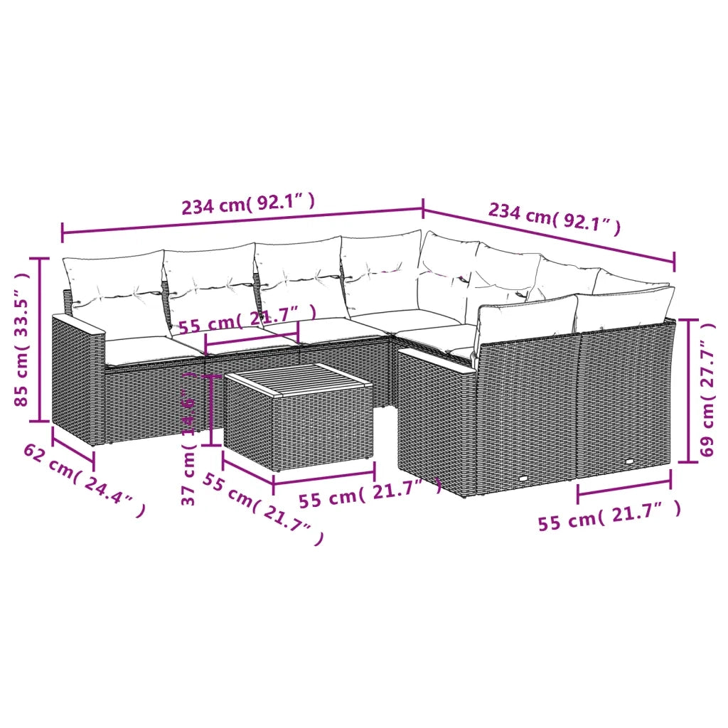 Set Divani da Giardino 9 pz con Cuscini Nero in Polyrattan 3258227