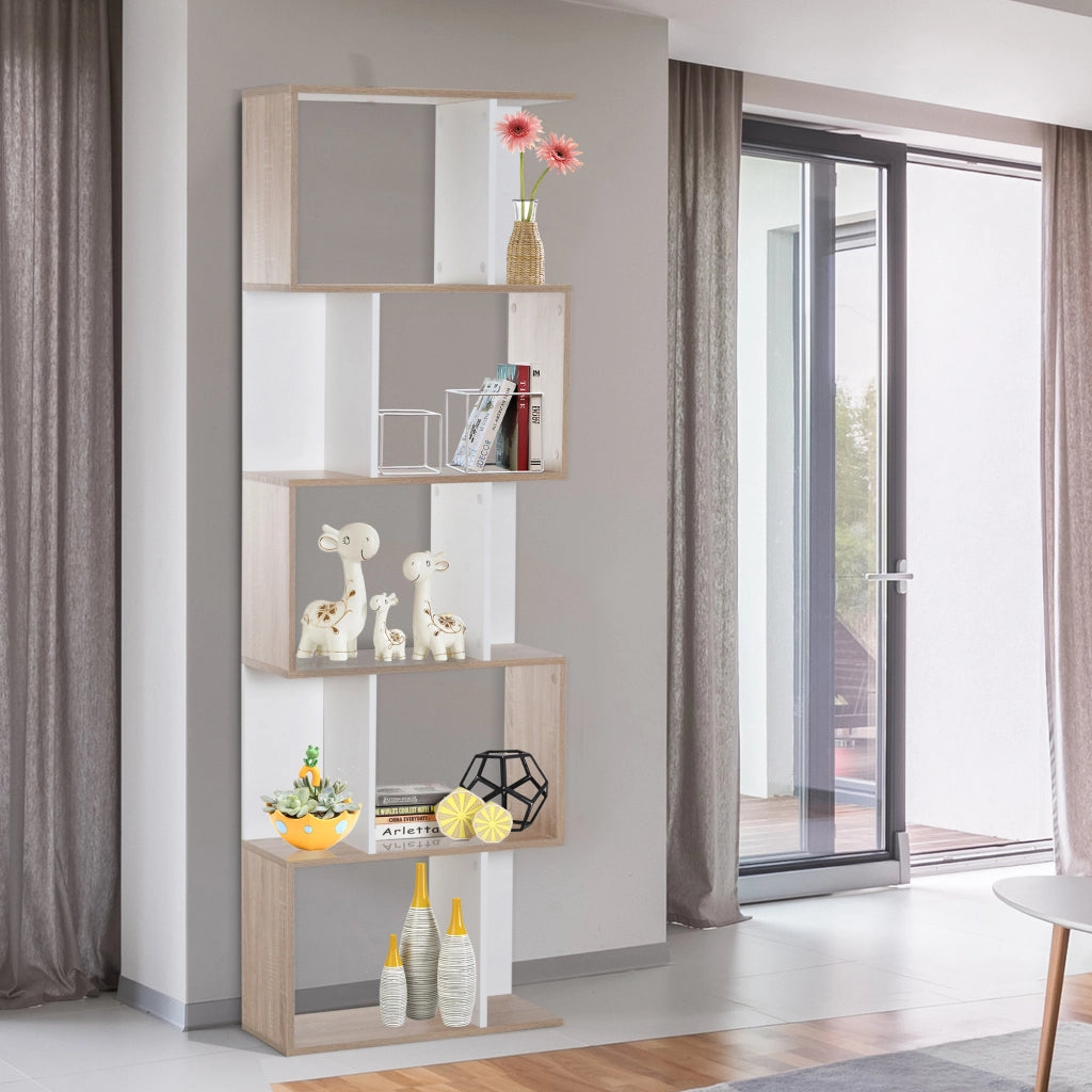 Libreria a S con 5 Ripiani ¨C Minimal ¨C Bianco e Legno 60x24x184,5cm