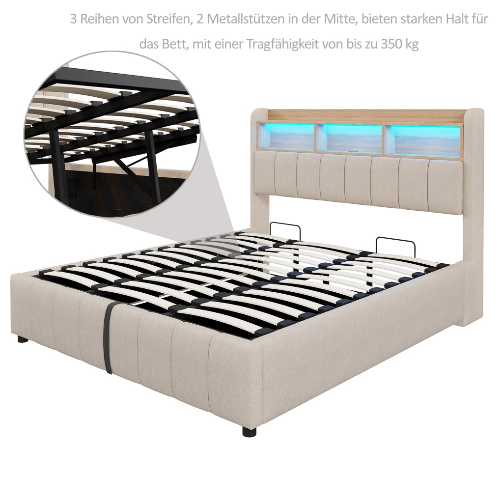 LETTO Imbottito 180x200 cm Beige con LED, USB e contenitore
