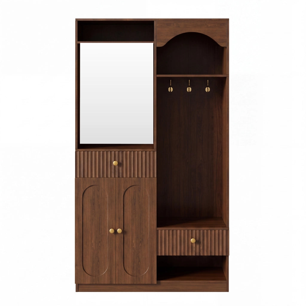 Mobile da ingresso, appendiabiti, con specchio e panca, 2 cassetti, 3 ganci, colore noce