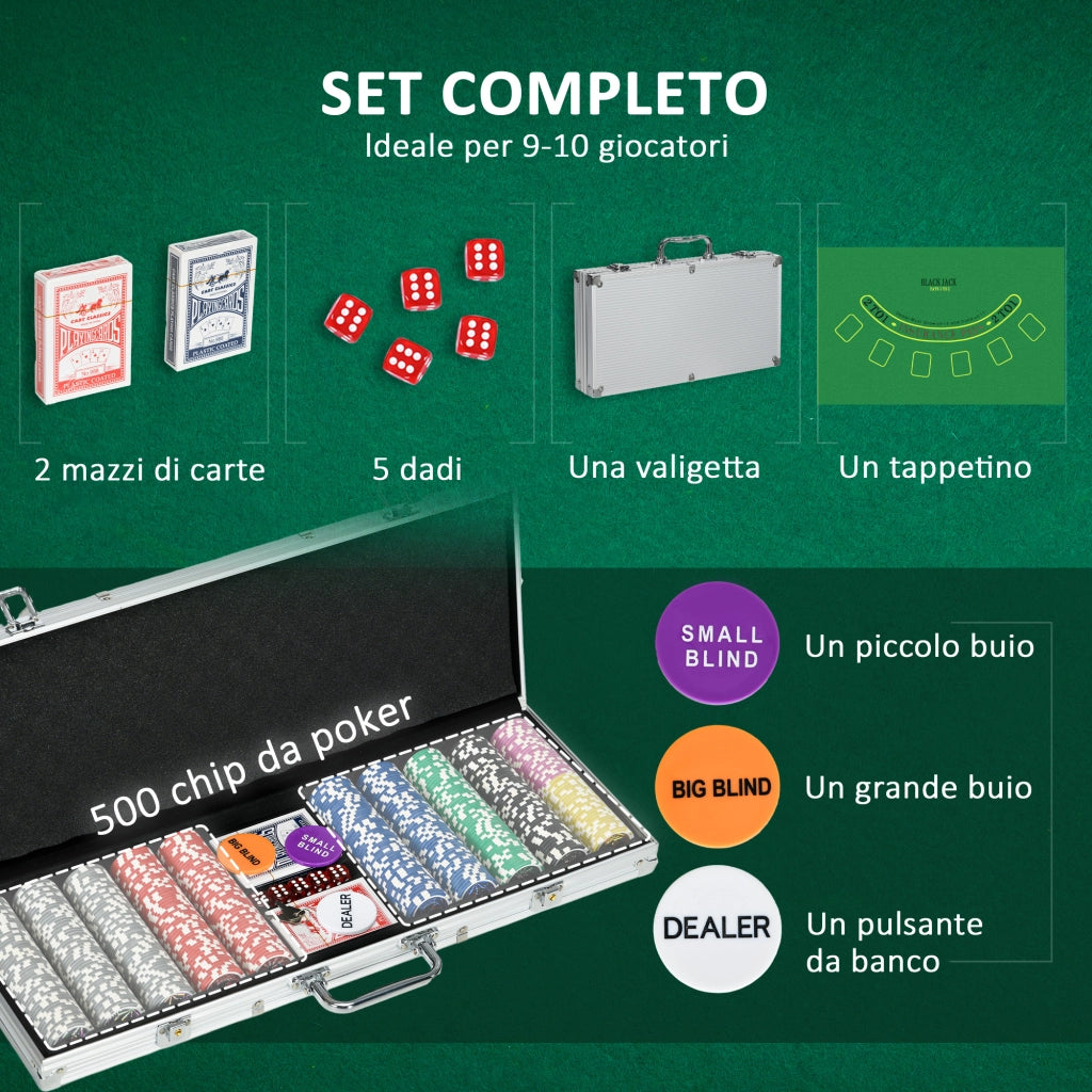 Set Poker Professionale ¨C Xylo ¨C 500 Fiches, 2 Mazzi Carte, 5 Dadi, Custodia Alluminio