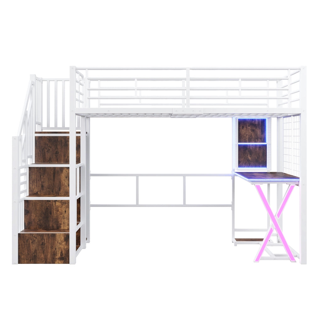 Letto a soppalco con scrivania e armadio - Zephmum- 90x200cm, LED, bianco