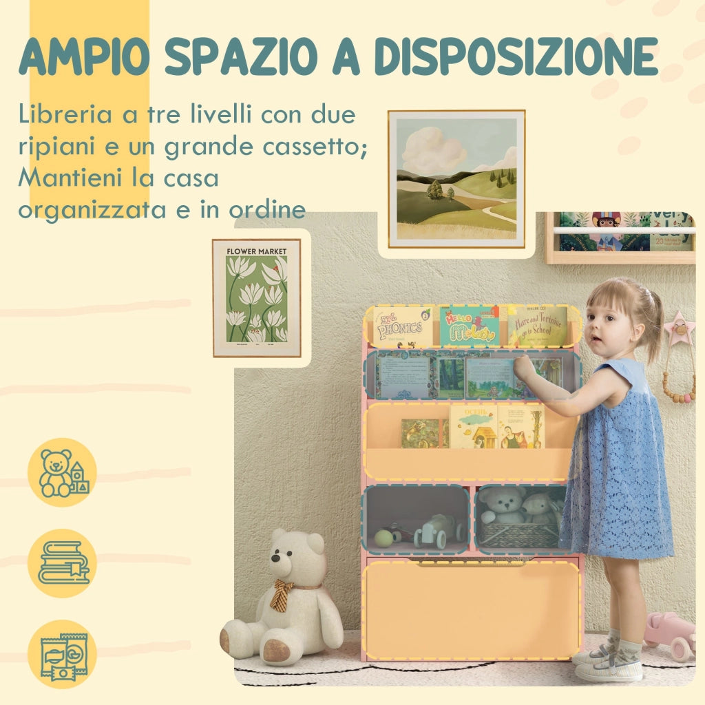 Libreria per Bambini con Ripiani Mensole e Cassetto 60x29,9x90 cm in MDF Rosa