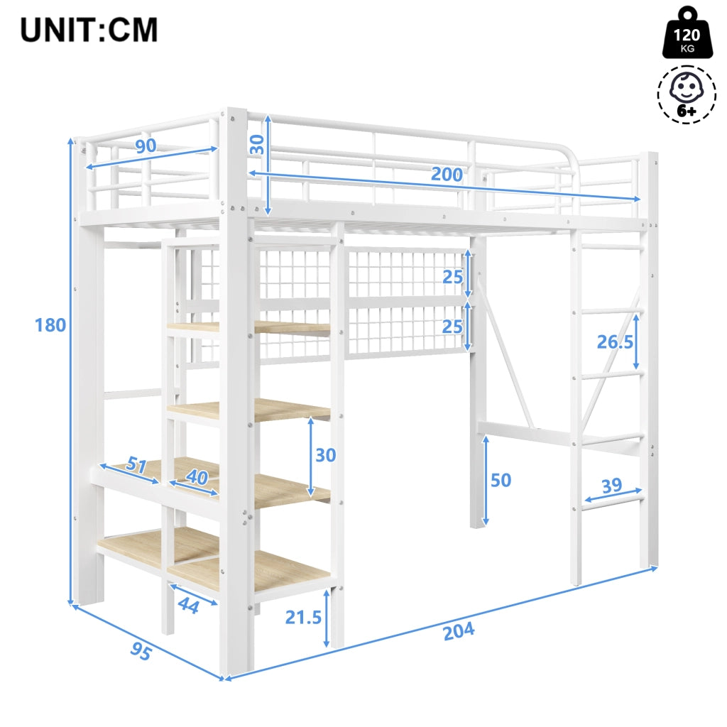 DESMIU Letto a Soppalco Letto Singolo 90 × 200 cm 1 Posto con LED Regolabile, Mensola e Rete Sospesa, senza Materasso