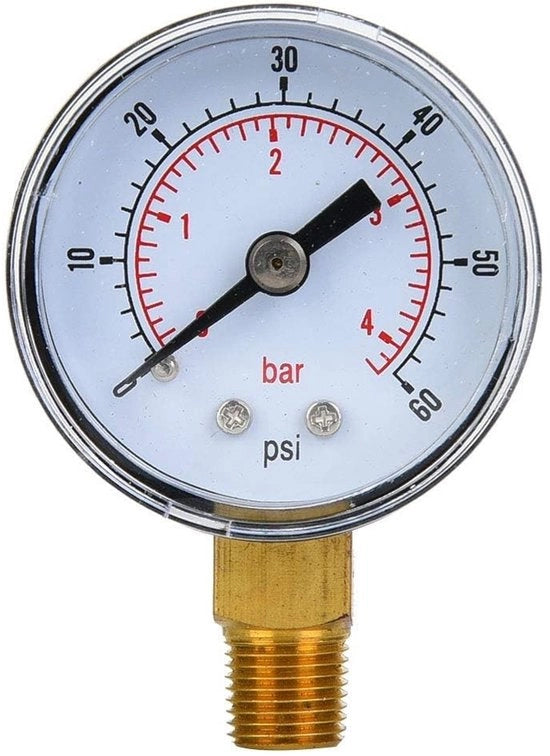 Manometro meccanico - Drukkimetro 0-60 PSI/0-4 BAR - 1/8 pollici di connessione - Vetrata di lettura trasparente - Resistente agli urti - Misurazione della pressione precisa