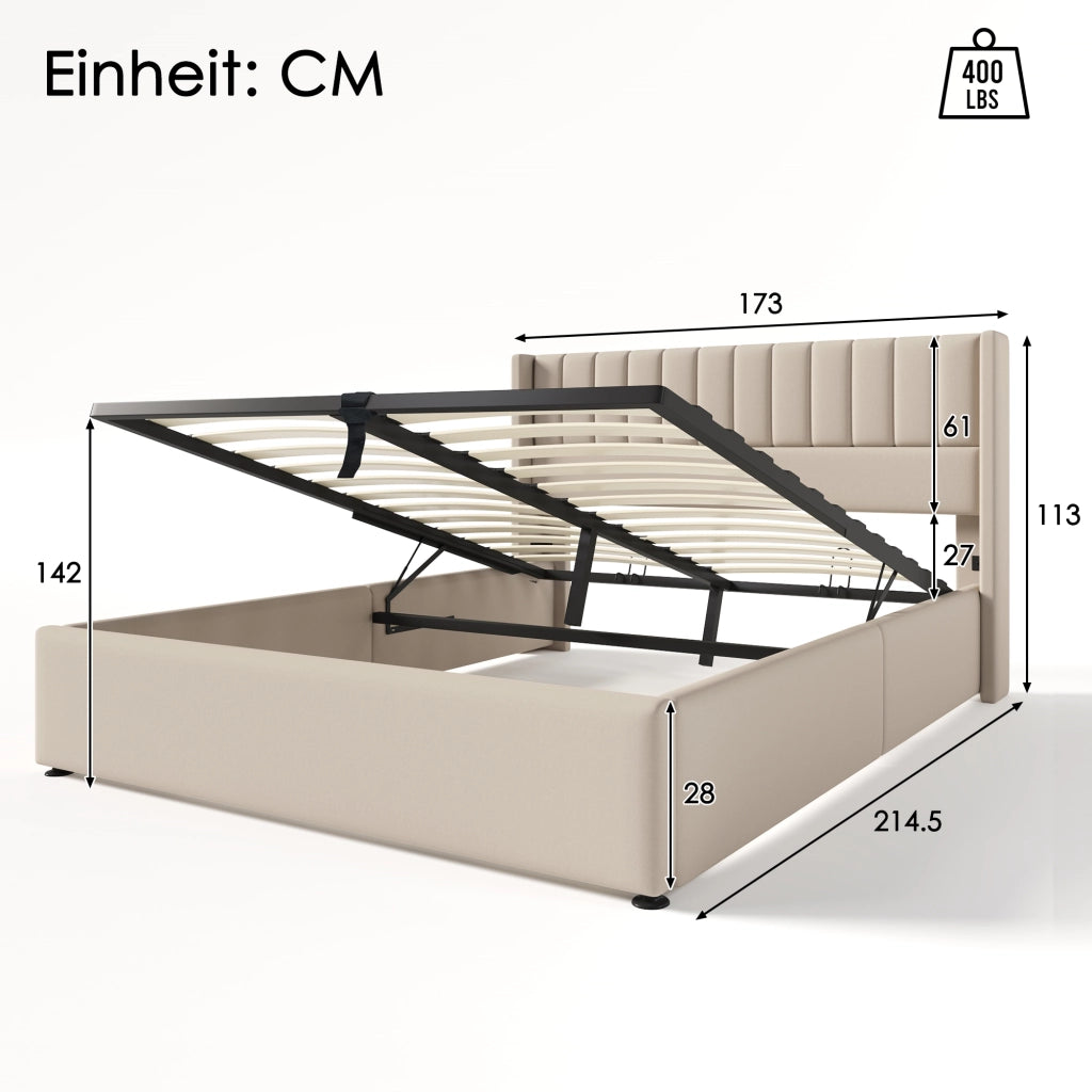 LETTO Contenitore idraulico 160x200 cm in lino Beige