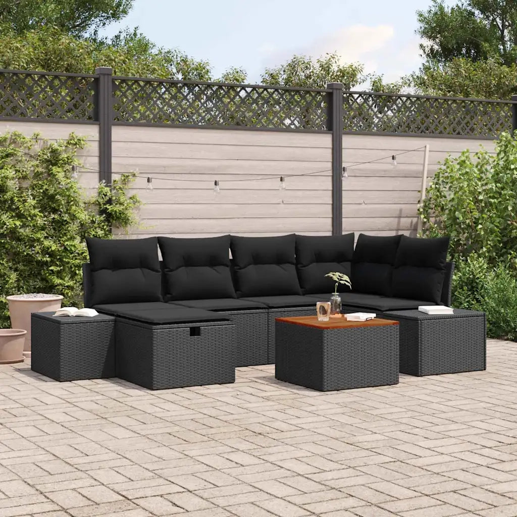 Set Divano da Giardino con cuscino 7 pcs Nero polyrattan