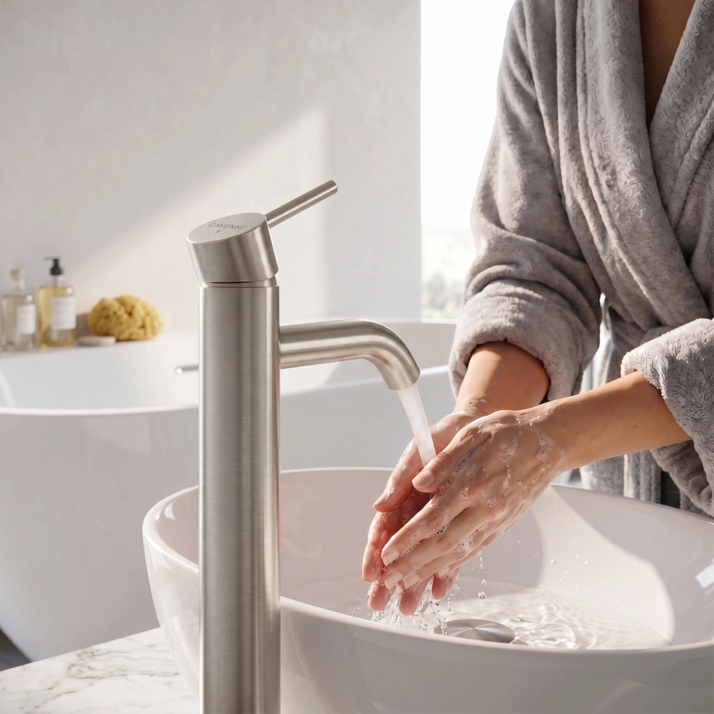 Rubinetto lavabo alto da appoggio miscelatore bagno cromato VERTI