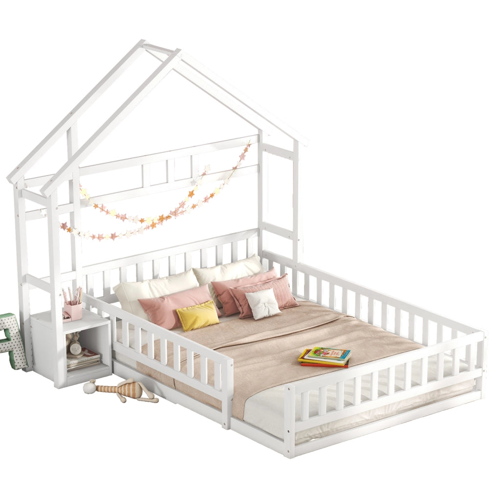 Letto per bambini a forma di casa 140x200 cm con sponda e comodino, bianco