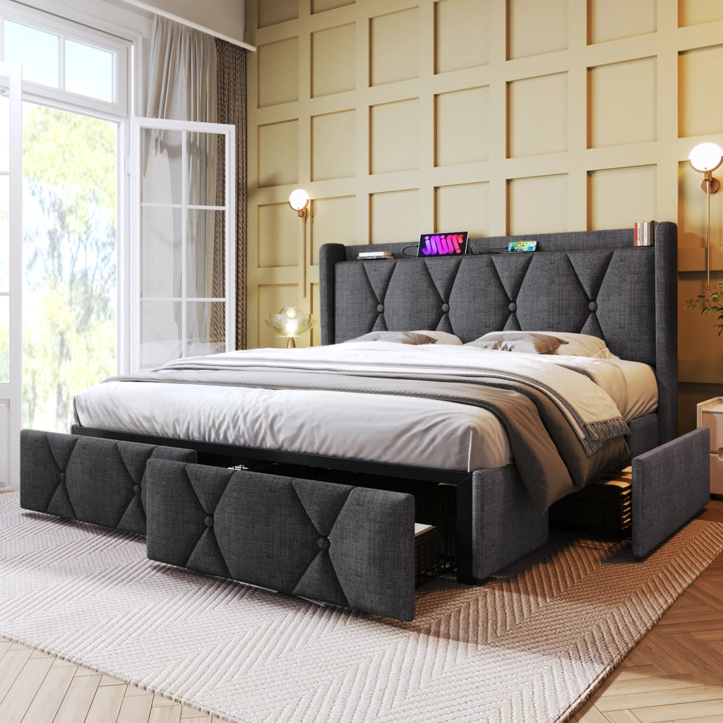 Letto matrimoniale 140x200 cm grigio con 4 cassetti
