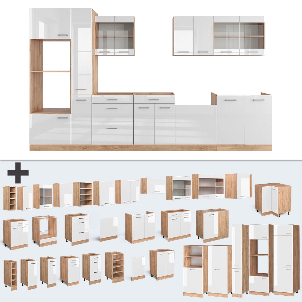 Angolo cottura R-Line Bianco lucido/Rovere dorato 350 cm con armadio alto, PL Rovere Vicco