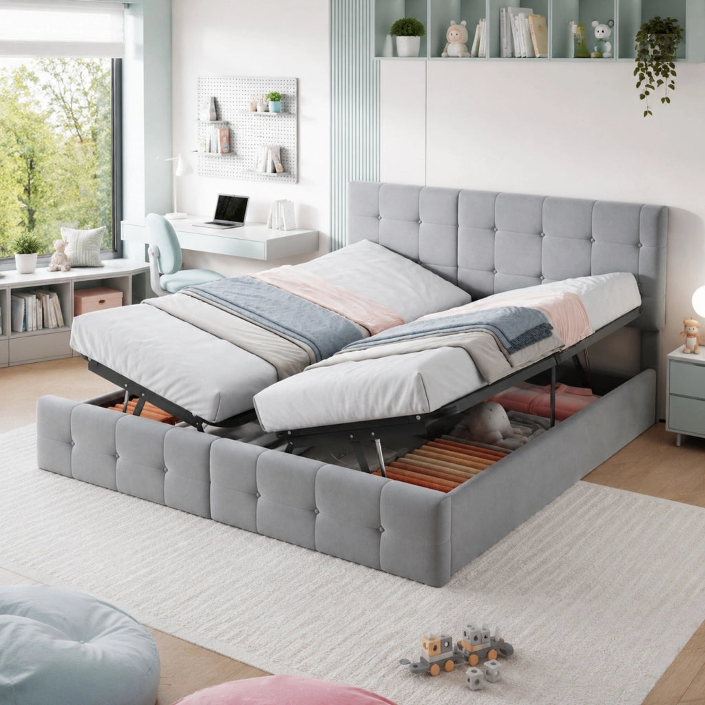 Letto imbottito idraulico 180x200 cm con contenitore, trasformabile in 2 letti singoli, in velluto grigio