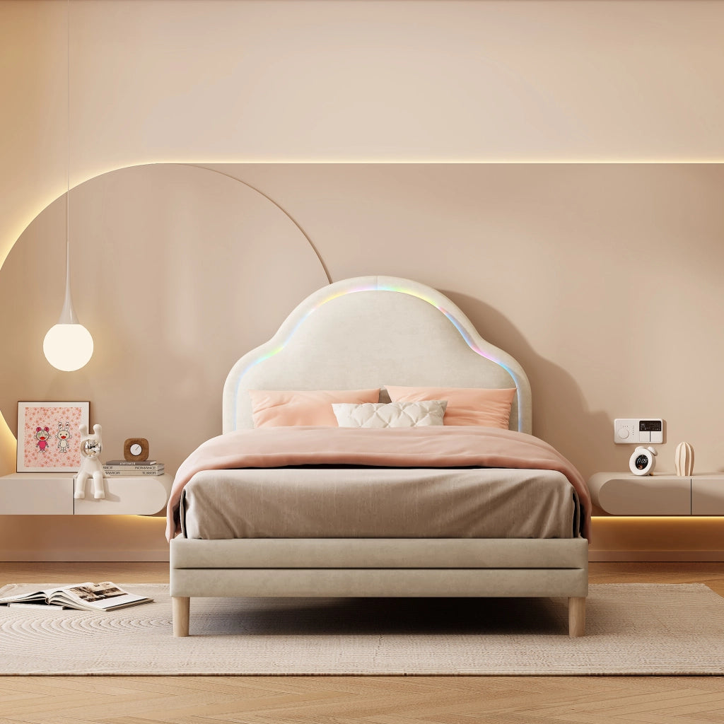 Letto Singolo Imbottito con Testiera LED a Nuvola ¨C MINIMAL ¨C Velluto Beige 90x200