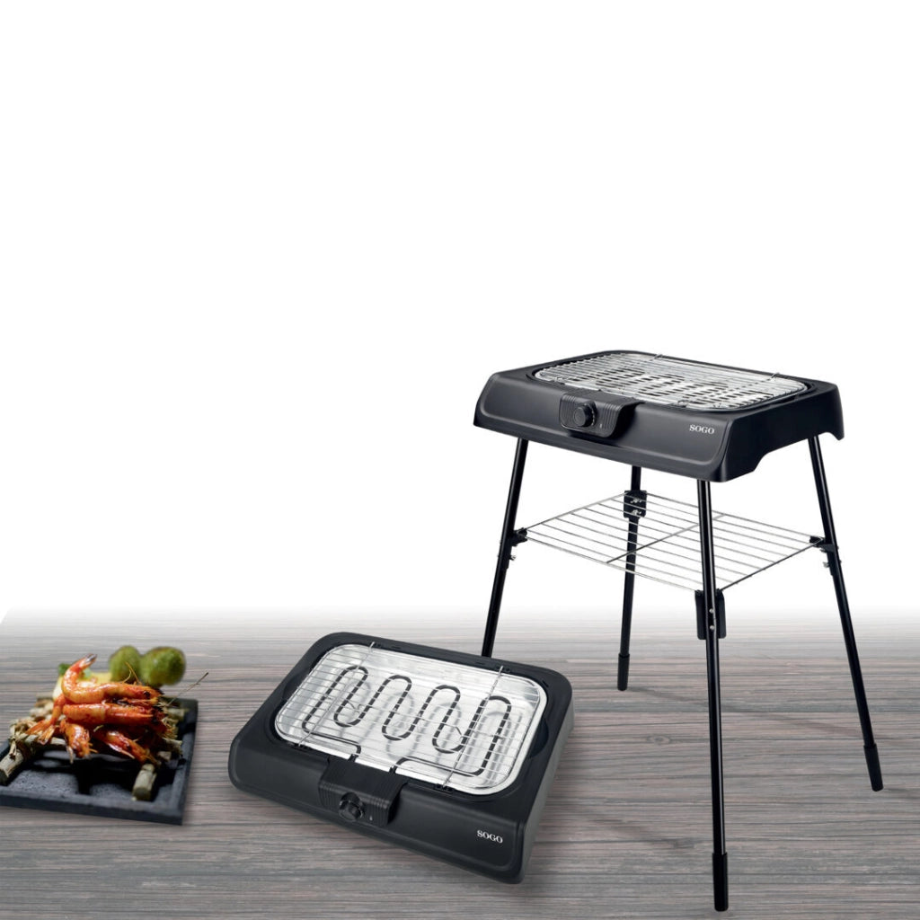 Barbecue elettrico 2 in 1, griglia da tavolo e barbecue con gambe, piastra cottura 41x24cm 2000W, termostato regolabile - SOGO