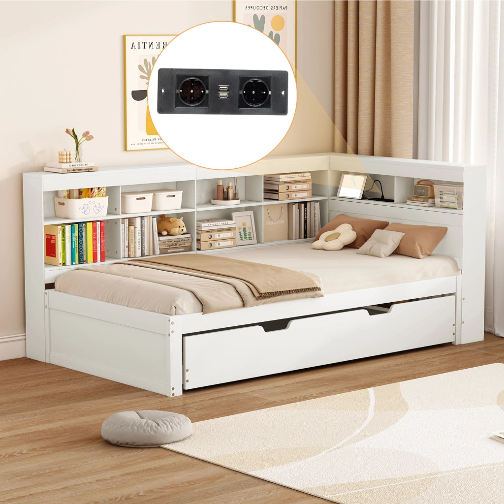 Letto con letto estraibile 90 × 200 cm con letto aggiuntivo 90 × 190 cm USB contenitori in legno bianco