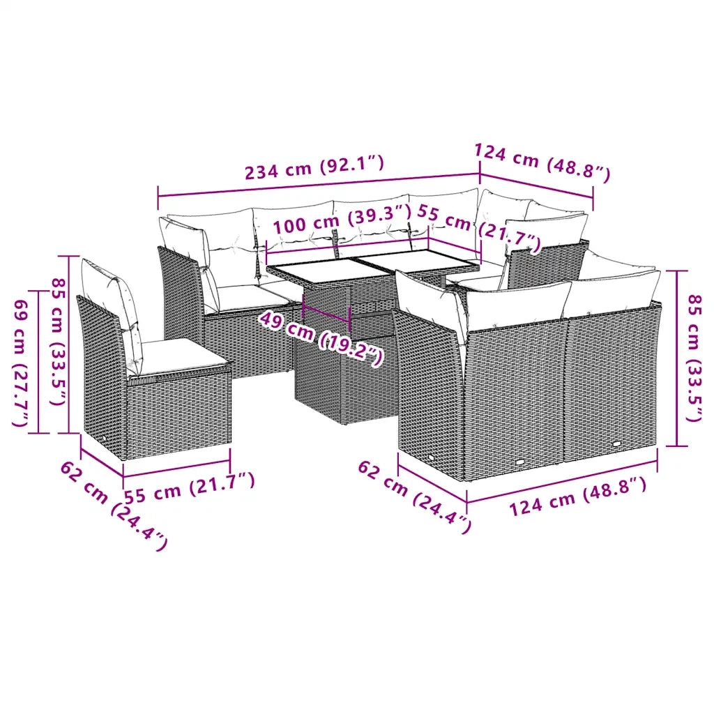 Set Divani da Giardino 9 pz con Cuscini Grigio in Polyrattan 3266731