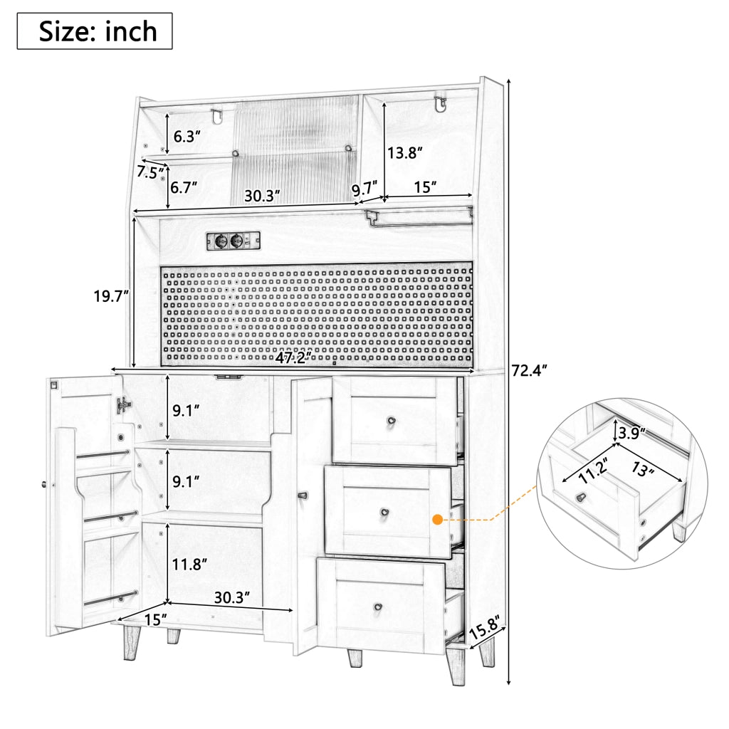 Armadio da cucina con prese e pannello forato - Zephmum -  Bianco - Ripiani per vino e cassetti