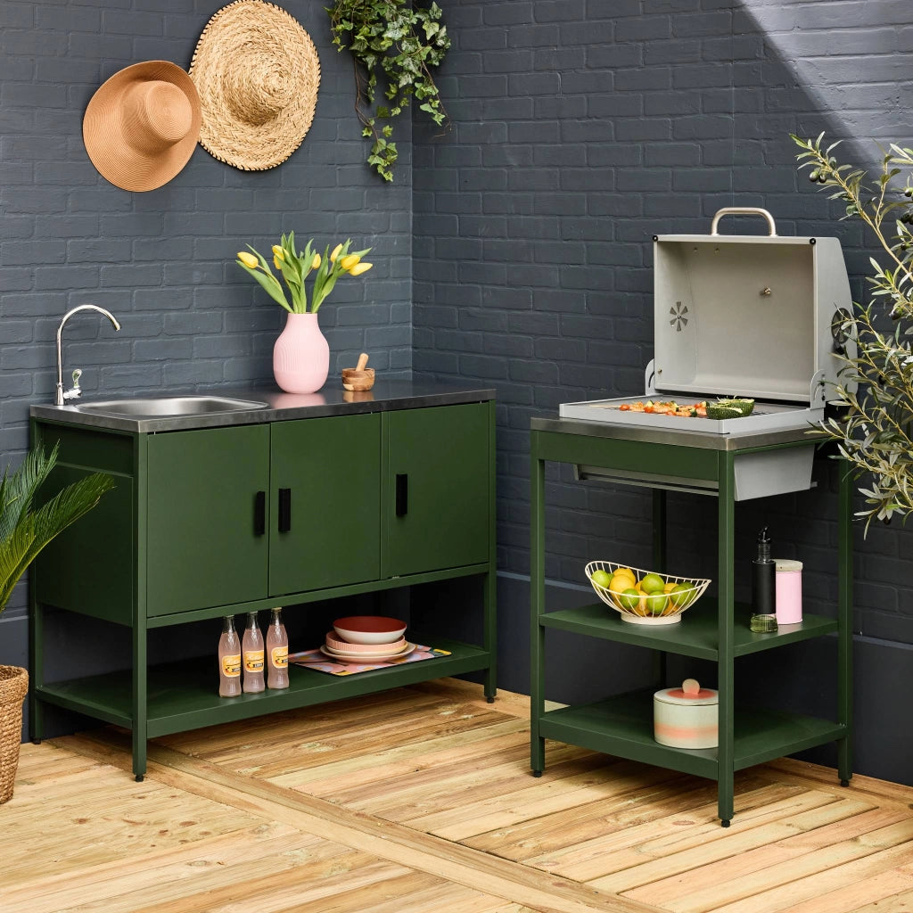 Cucina esterna, 2 moduli e barbecue a carbone con lavandino, verde