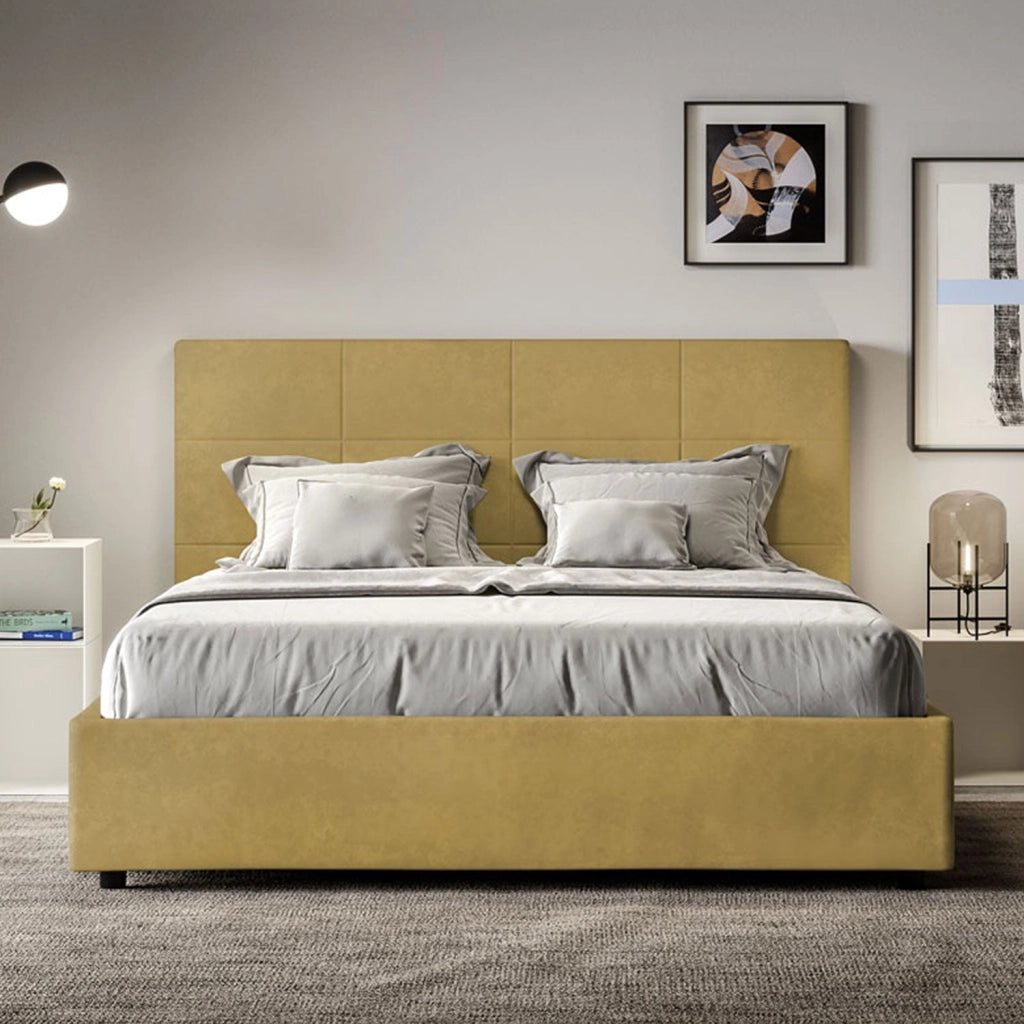 Letto queen size senza rete imbottito 150x200 microfibra ocra Mika