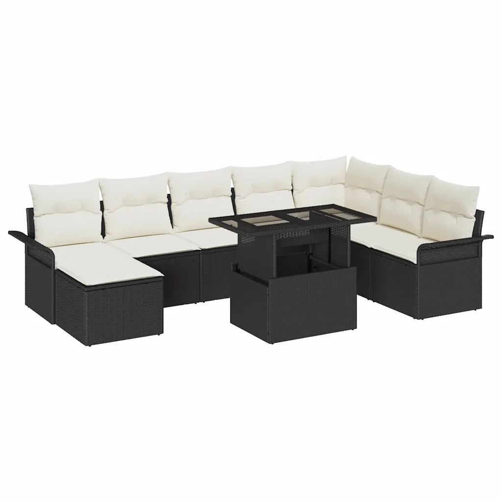 Set Divano da Giardino con cuscino 9 pcs Nero e Crema