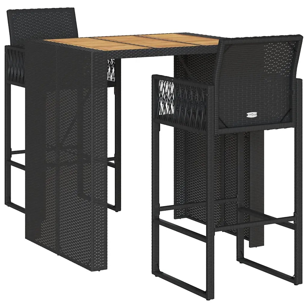 Set Bar da Giardino 3pz senza Cuscini Nero in Polyrattan Acacia 3328885