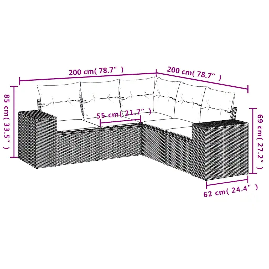 Set Divano da Giardino 5 pz con Cuscini Marrone in Polyrattan 3222552