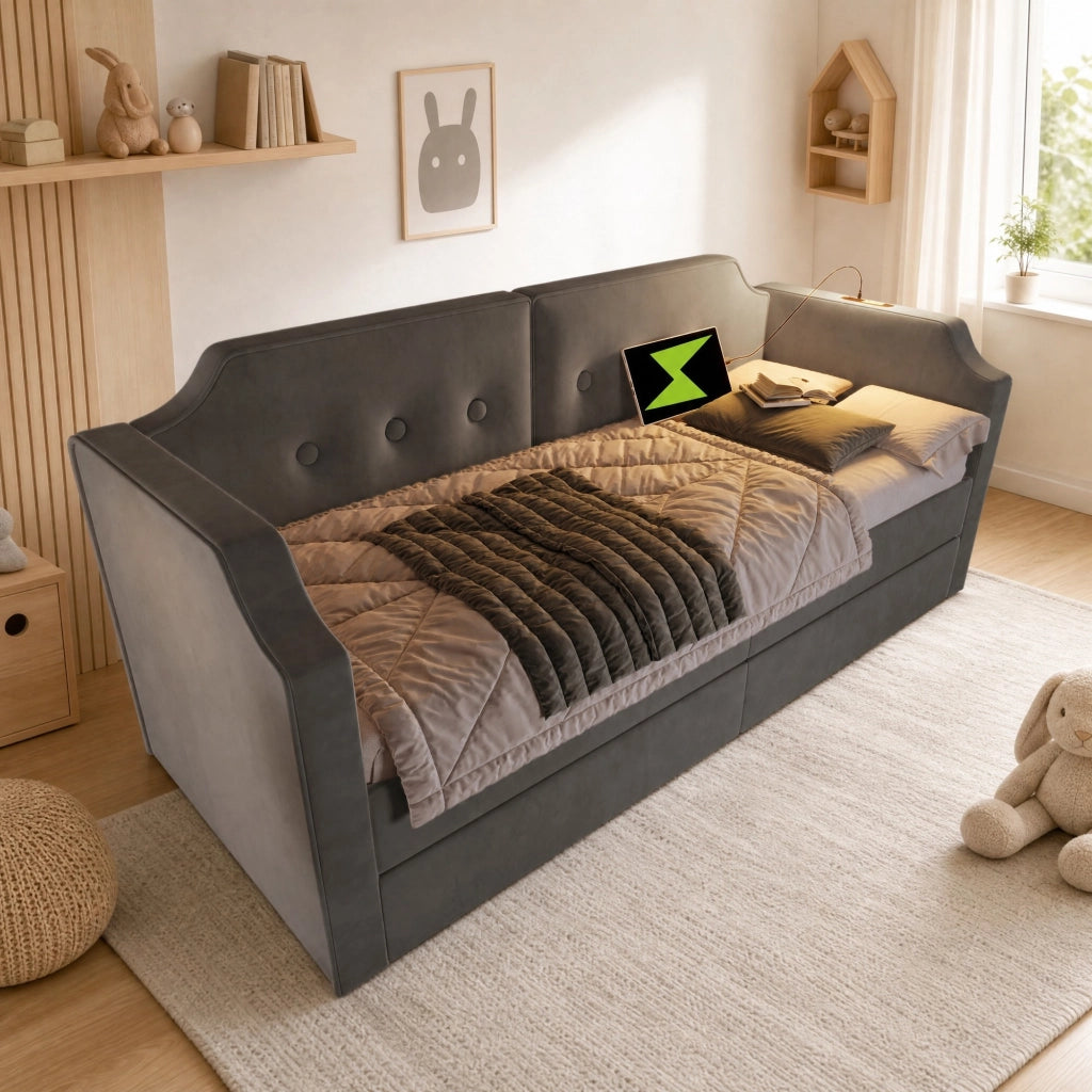 LETTO 90x200 cm in velluto grigio con 2 cassetti, USB Type-C e lampada da lettura