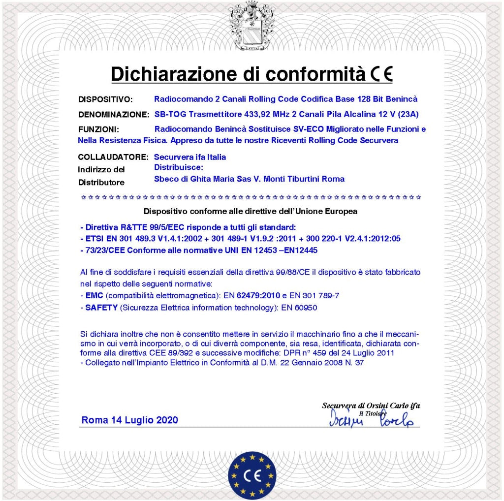 Radiocomando 2 Trasmettitori TO.GO 4 Canali Freq. 433,92 MHz Portata Radio 60/100 Metri Codice Advanced Rolling Code 128 Bit Batteria 12 V 23A Cover ABS Nero Tasti Gialli Comando Automatismo Benincà
