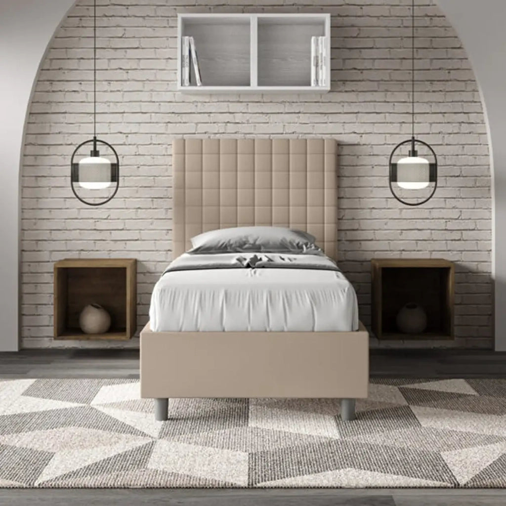 Letto singolo con rete imbottito 90x190 similpelle tortora Sunny