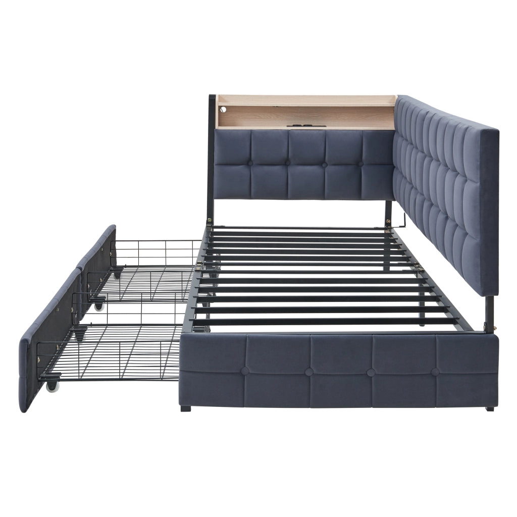 OKWISH Letto Divano 90×200 cm, Letto Singolo con 2 Cassetti, LED Regolabile, USB e Tipo C, senza Materasso, in Tessuto, Grigio