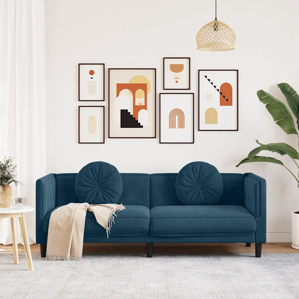Divano a 3 Posti con Cuscini-Sofa 3 Posti con Cuscini Blu in Velluto