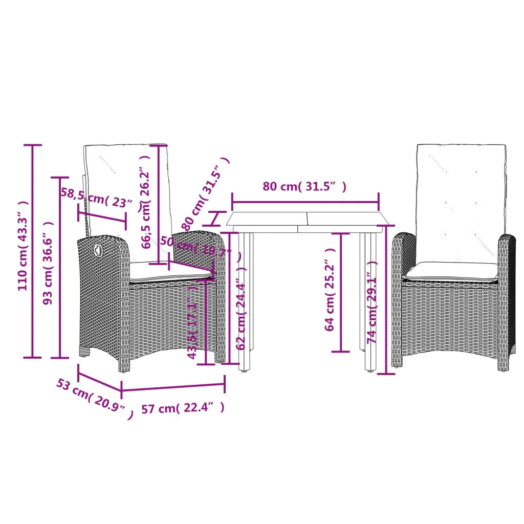 Set da Pranzo da Giardino 3 pz con Cuscini Nero in Polyrattan 3212320