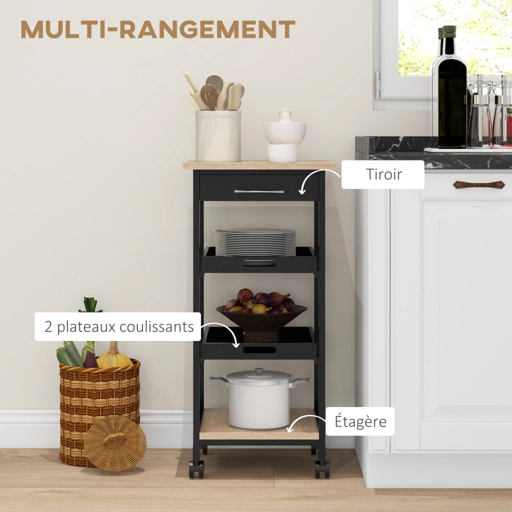 Carrello di servizio per cucina ¨C Minimal ¨C 2 ripiani amovibili, cassetto, scaffale, legno quercia chiaro e nero