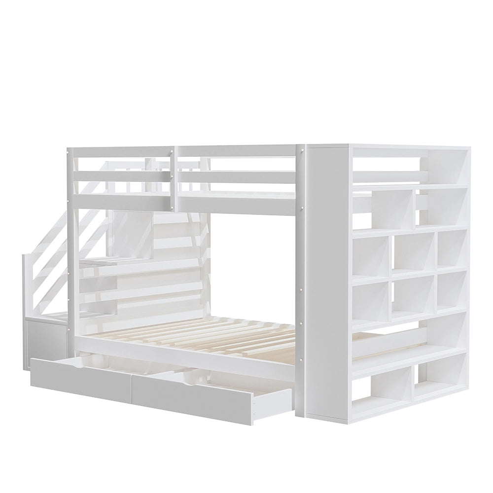 Letto a castello 90x200 cm - Xylo - Bianco con scala di sicurezza e cassetti