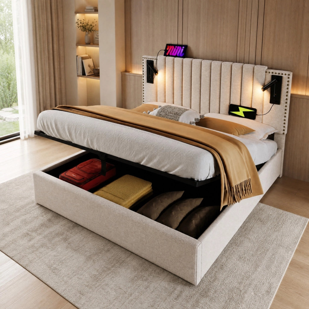 LETTO Contenitore 140x200 cm Beige con luce di lettura e USB