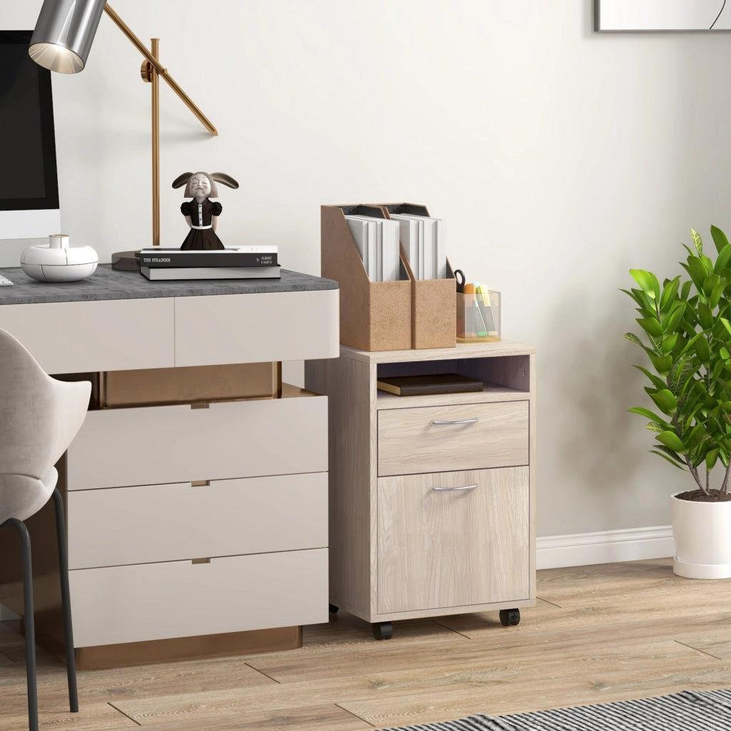 Cassettiera per Ufficio con Ripiano Aperto e 2 Cassetti ¨C Minimal ¨C Legno Rovere e Metallo, 40x35x60 cm
