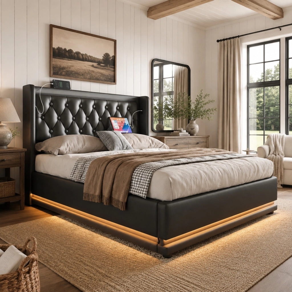 Letto matrimoniale 160x200 cm in PU nero con contenitore idraulico, testiera imbottita con USB e Type-C, LED a 3 lati