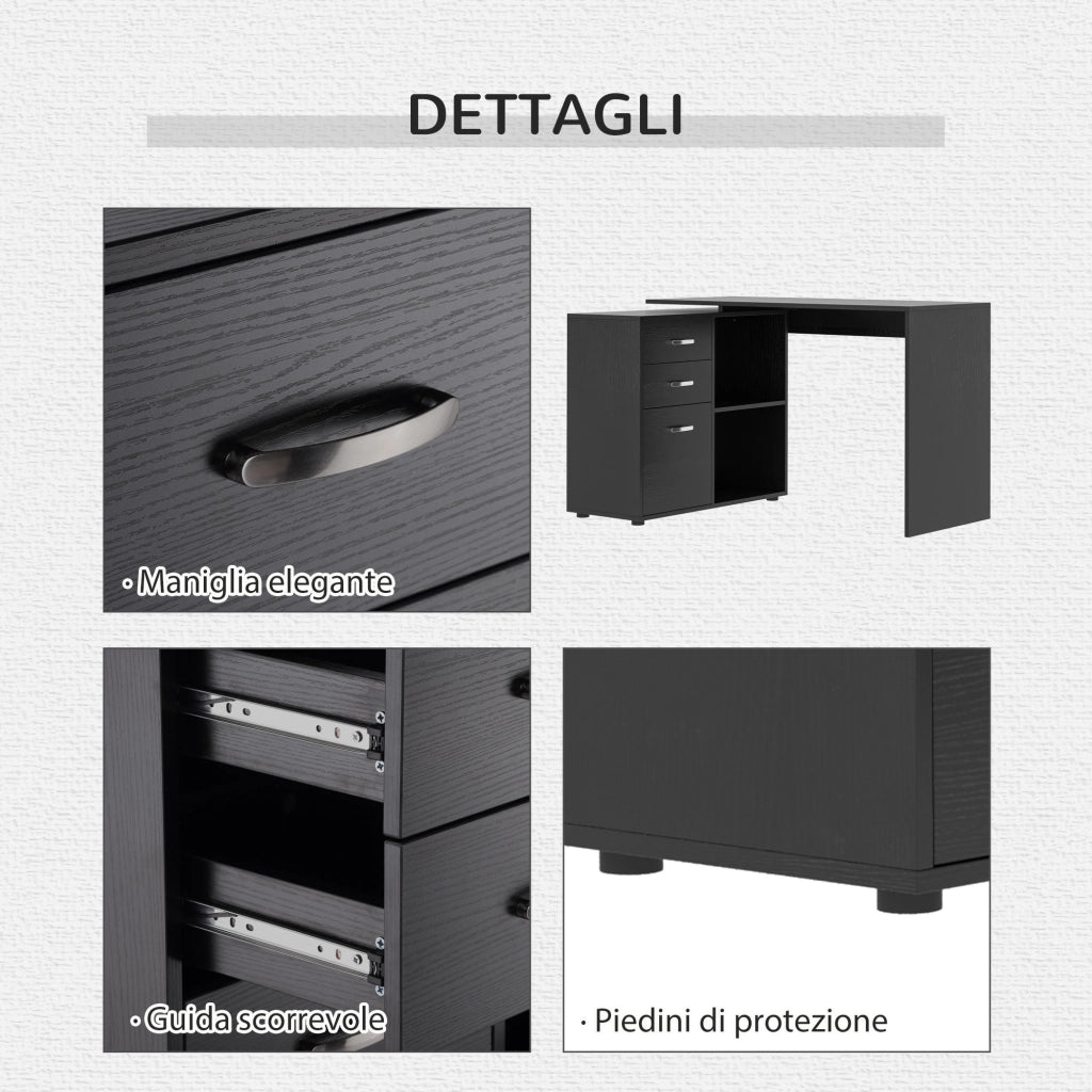 Scrivania Angolare per PC con Cassetti e Ripiani ¨C Minimal ¨C Legno e Metallo, 117x83.5x76 cm, Nero