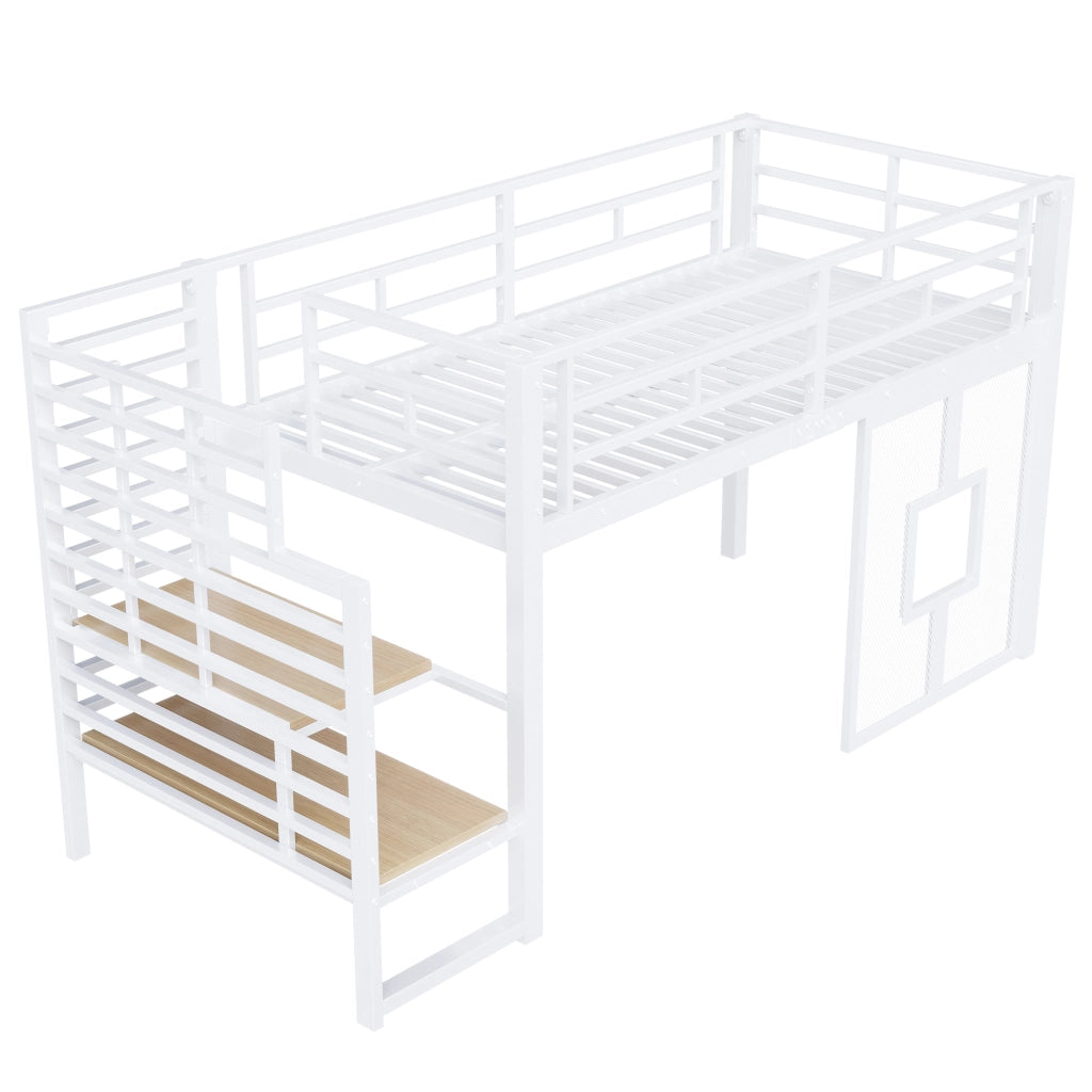 Letto a soppalco in metallo 90x200 cm con scala contenitore, LED e finestre, bianco