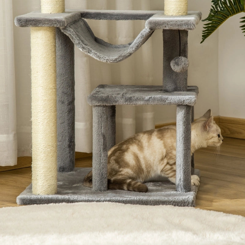 Albero tiragraffi per gatti 90 cm con amaca, cuccia e piattaforme, grigio