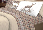 Completo Lenzuola Linea Pensieri Delicati 100% Cotone Disegno Cervo Tartan - Piazza E Mezza - Beige