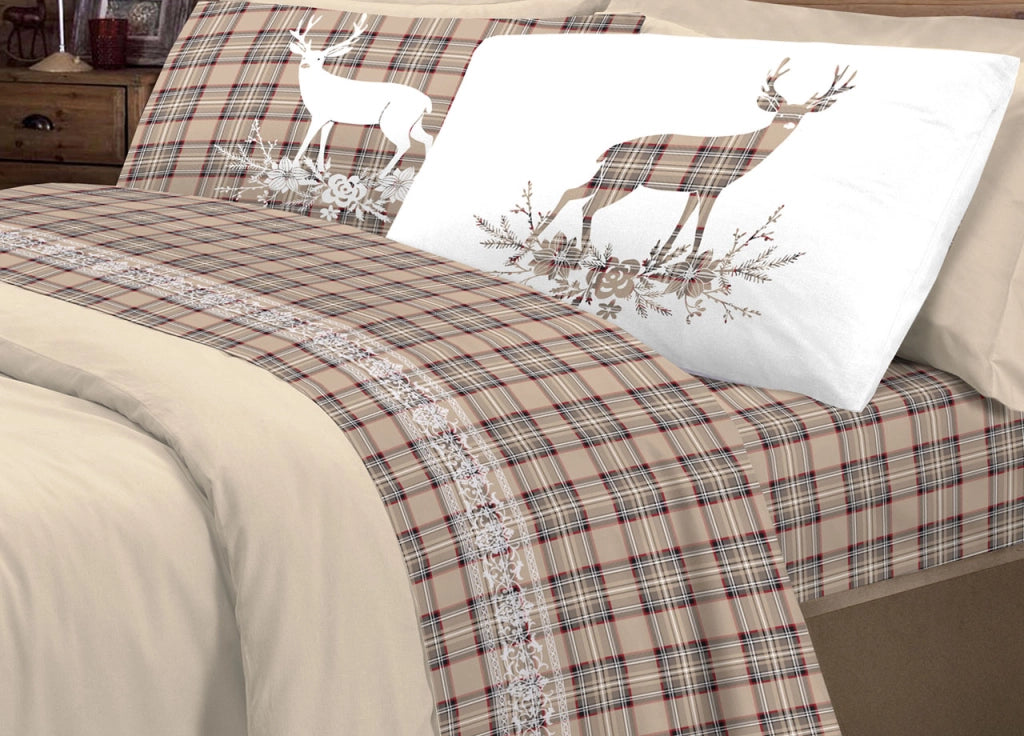Completo Lenzuola Linea Pensieri Delicati 100% Cotone Disegno Cervo Tartan - Piazza E Mezza - Beige