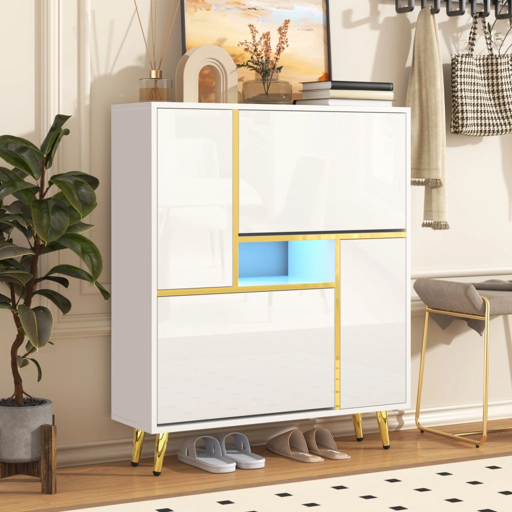 Scarpiera Moderna con LED ¨C Xylo ¨C Bianco Lucido, 16 Colori, 80x25x96 cm